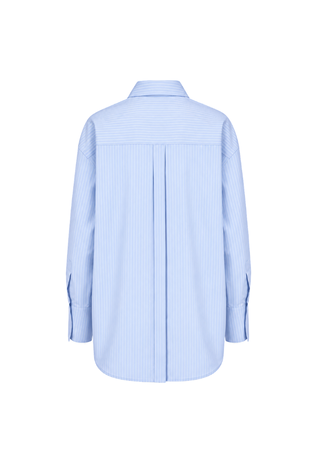 AUDĒRE. Alba oversized striped shirt in Ciel blue, back view on a white background.