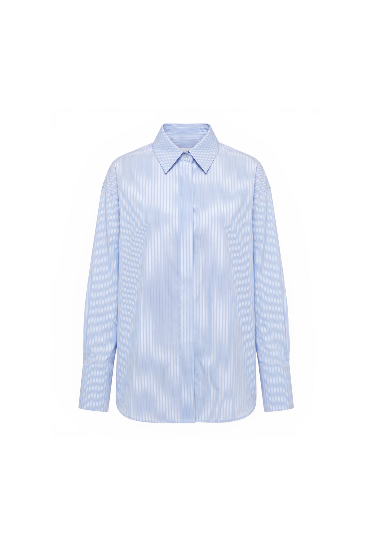 AUDĒRE. Alba oversized striped shirt in Ciel blue, front view on a white background.