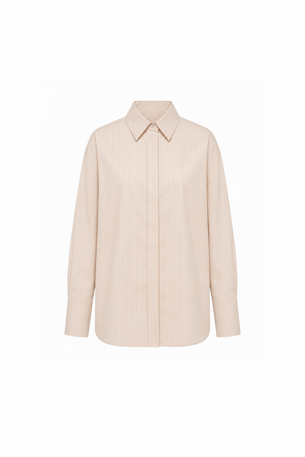 AUDĒRE. Alba oversized striped shirt in Dune beige, front view on a white background.