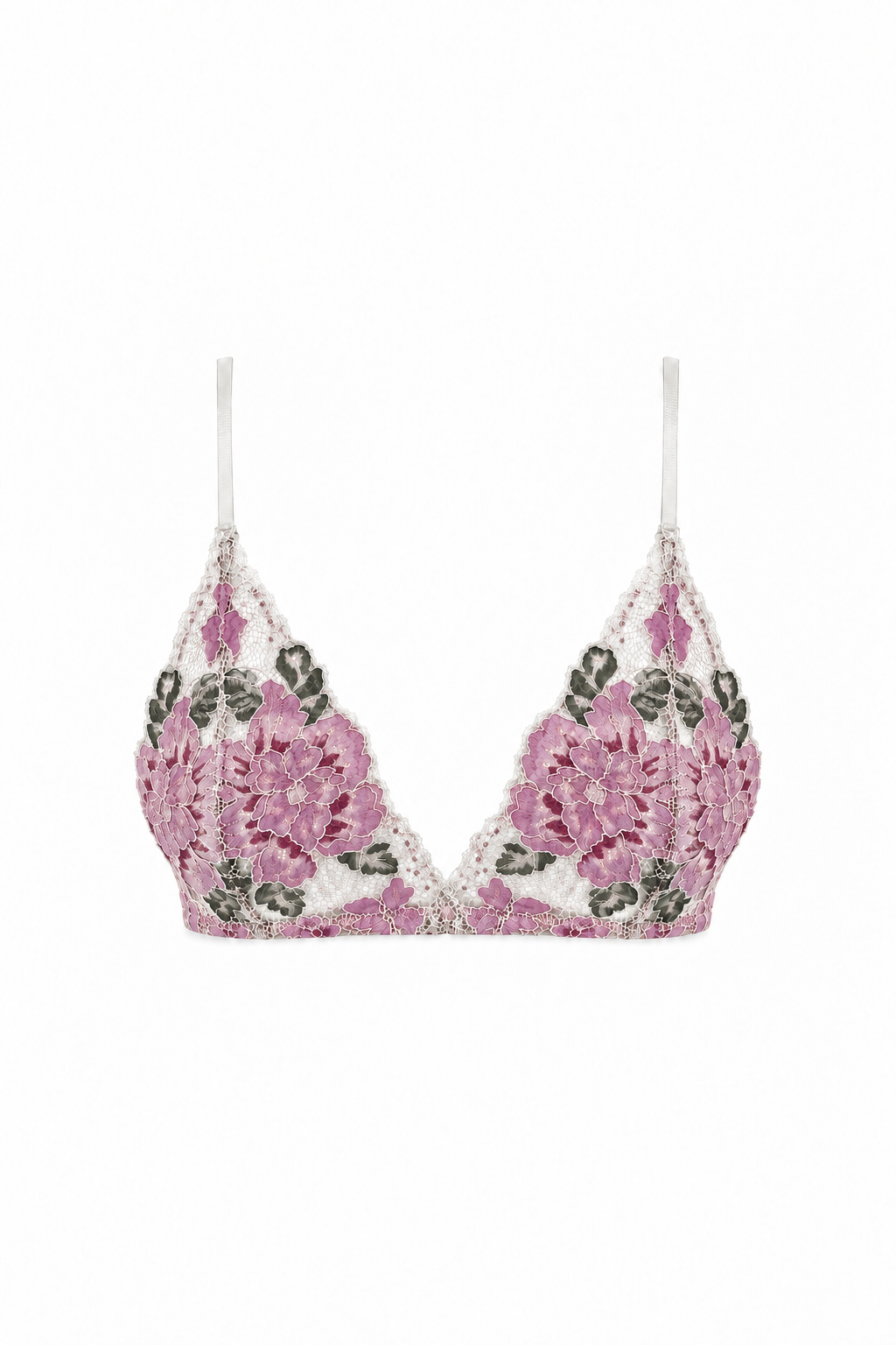 AUDĒRE. Aurelie floral lace bralette in Ivory Orchid, front view on a white background.