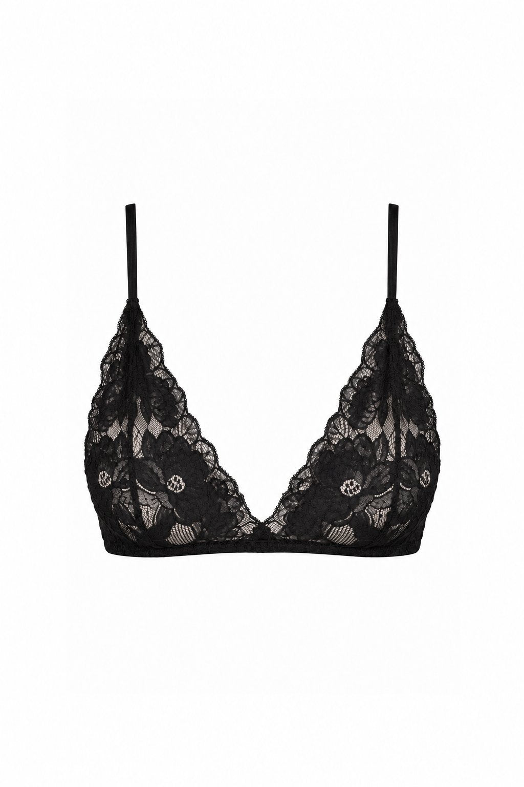 AUDĒRE. Noemi floral lace bralette in Black, front view on a white background.