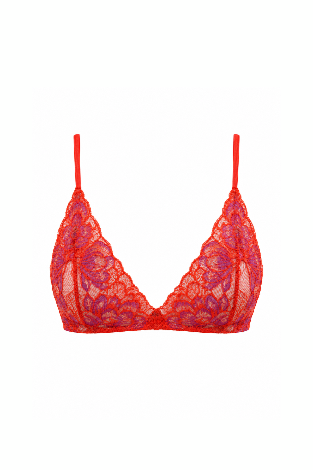 AUDĒRE. Noemi floral lace bralette in Grenadine red, front view on a white background.