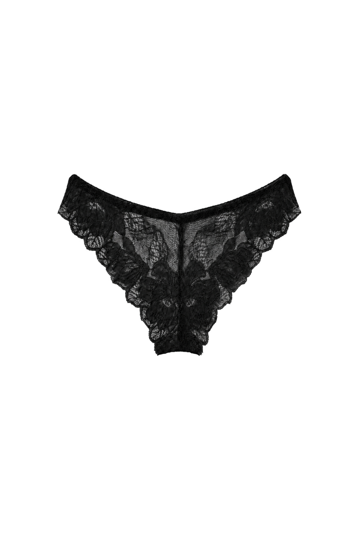 AUDĒRE. Noemi floral lace brief in Black, front view on a white background.