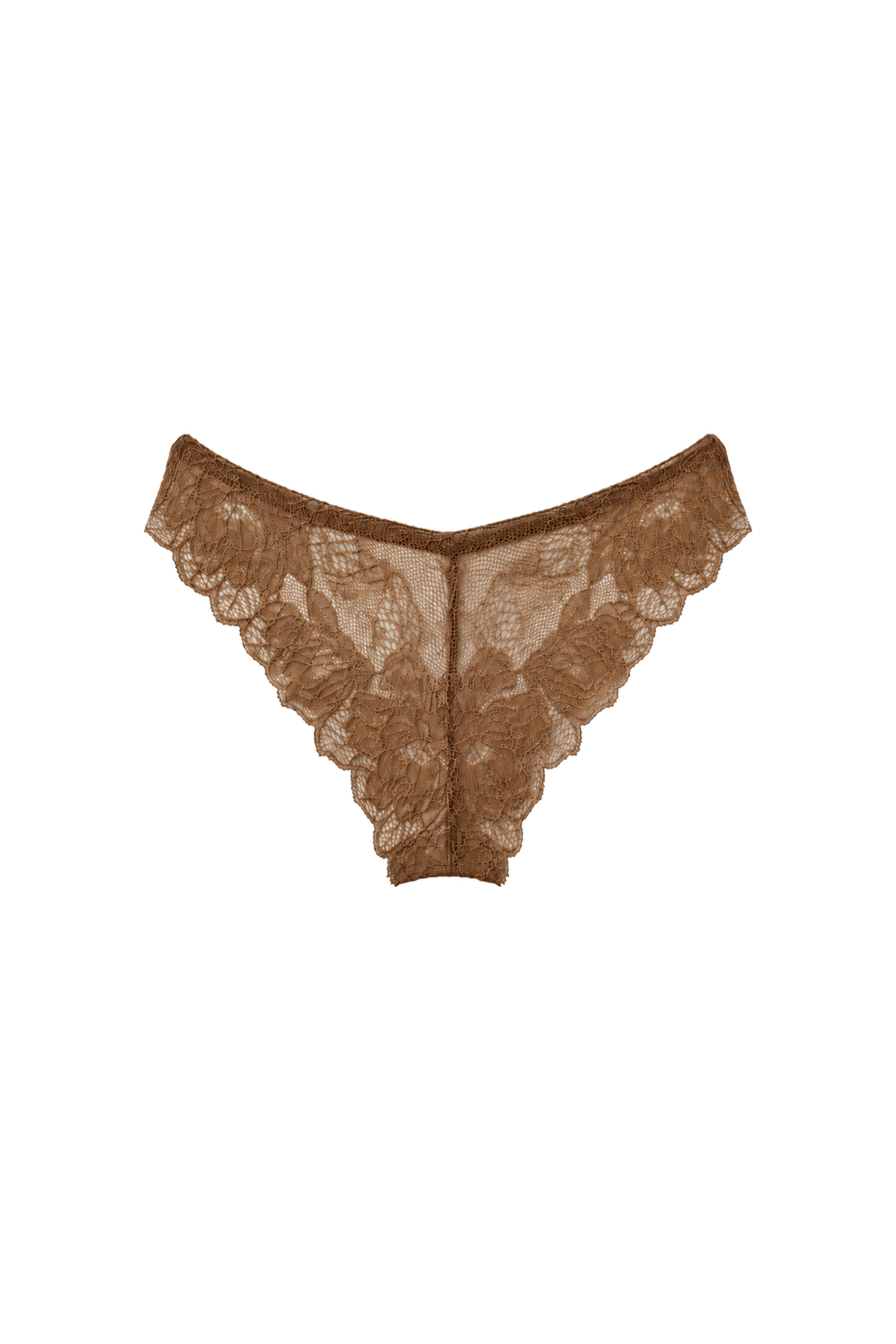 AUDĒRE. Noemi floral lace brief in Caramel, front view on a white background.