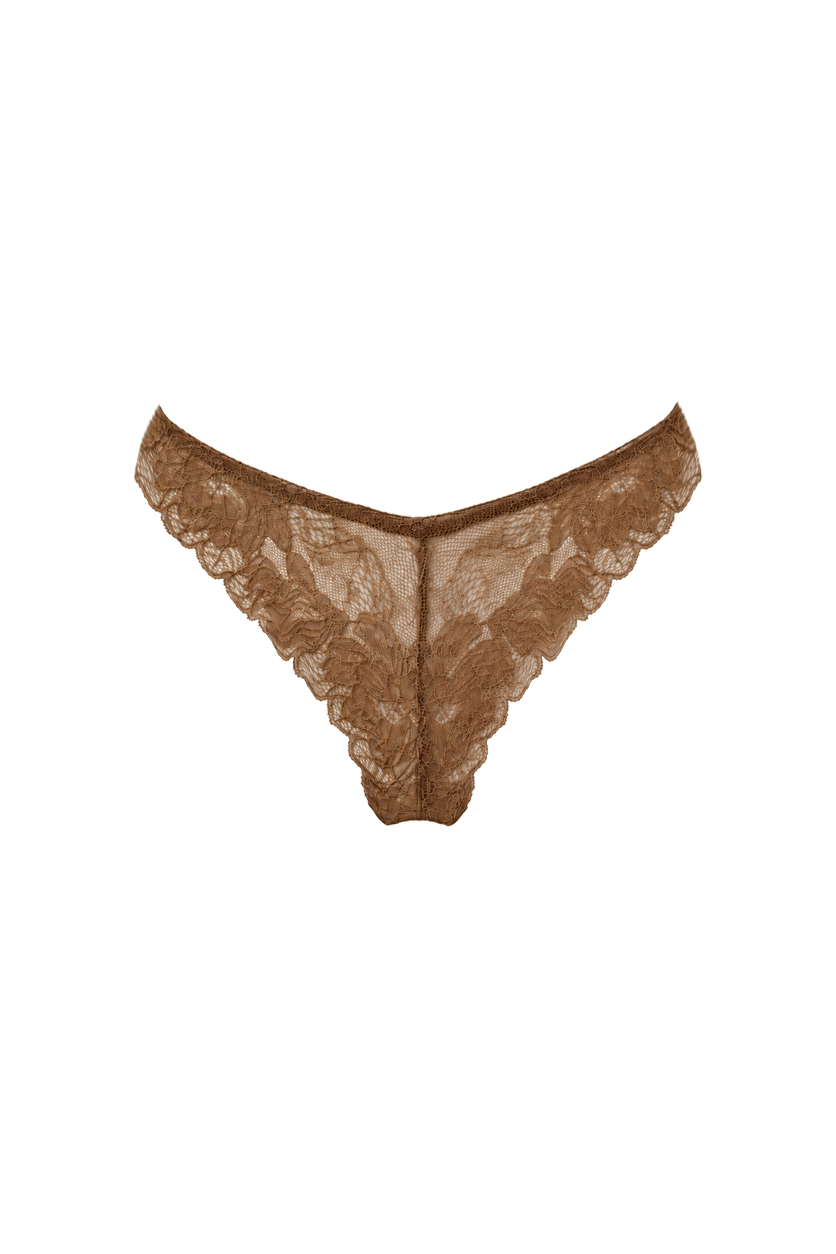 AUDĒRE. Noemi lace string thong in Caramel, front view on a white background.