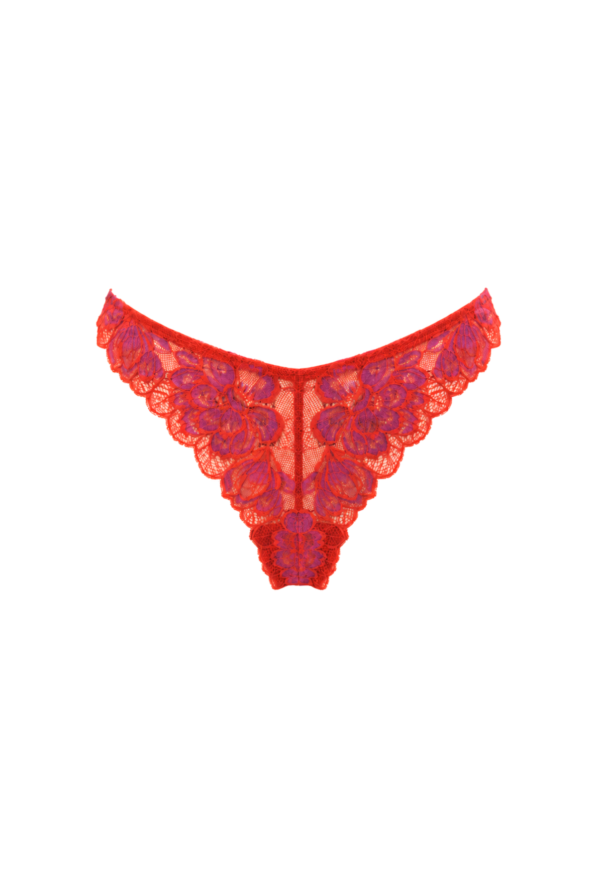 AUDĒRE. Noemi lace string thong in Grenadine red, front view on a white background.