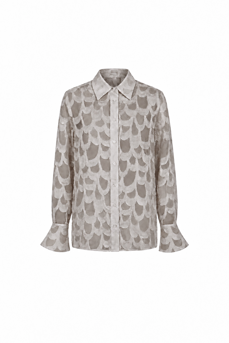 AUDĒRE. Rae semi-sheer shirt in Dove, front view on a white background.