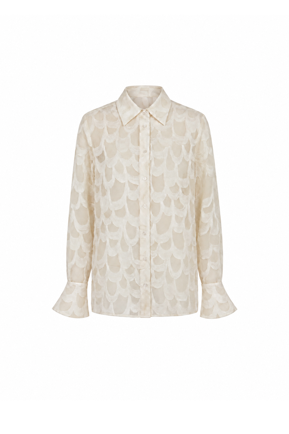 AUDĒRE. Rae semi-sheer shirt in Ivory, front view on a white background.