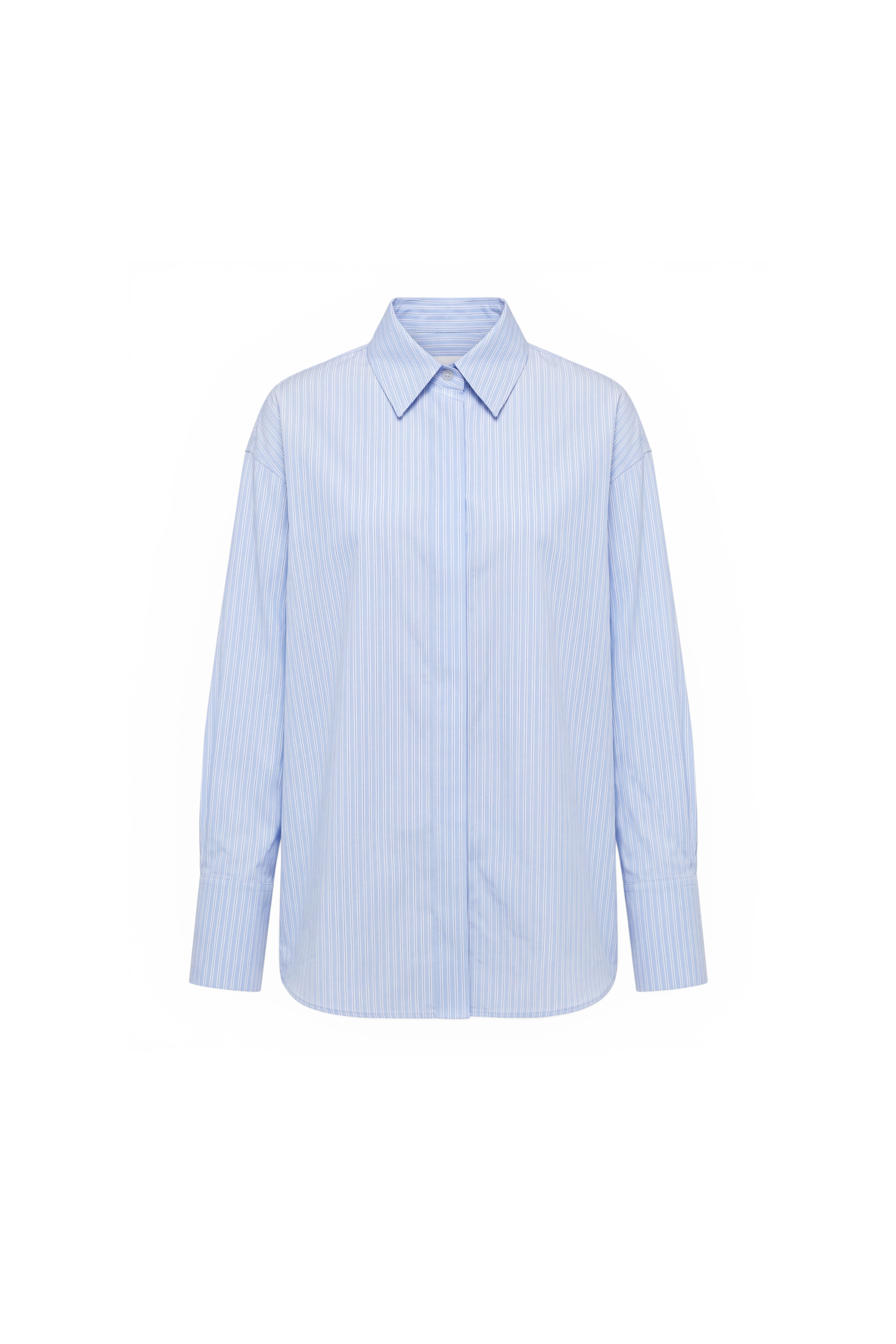 AUDĒRE. Alba oversized striped shirt in Ciel blue, front view on a white background.