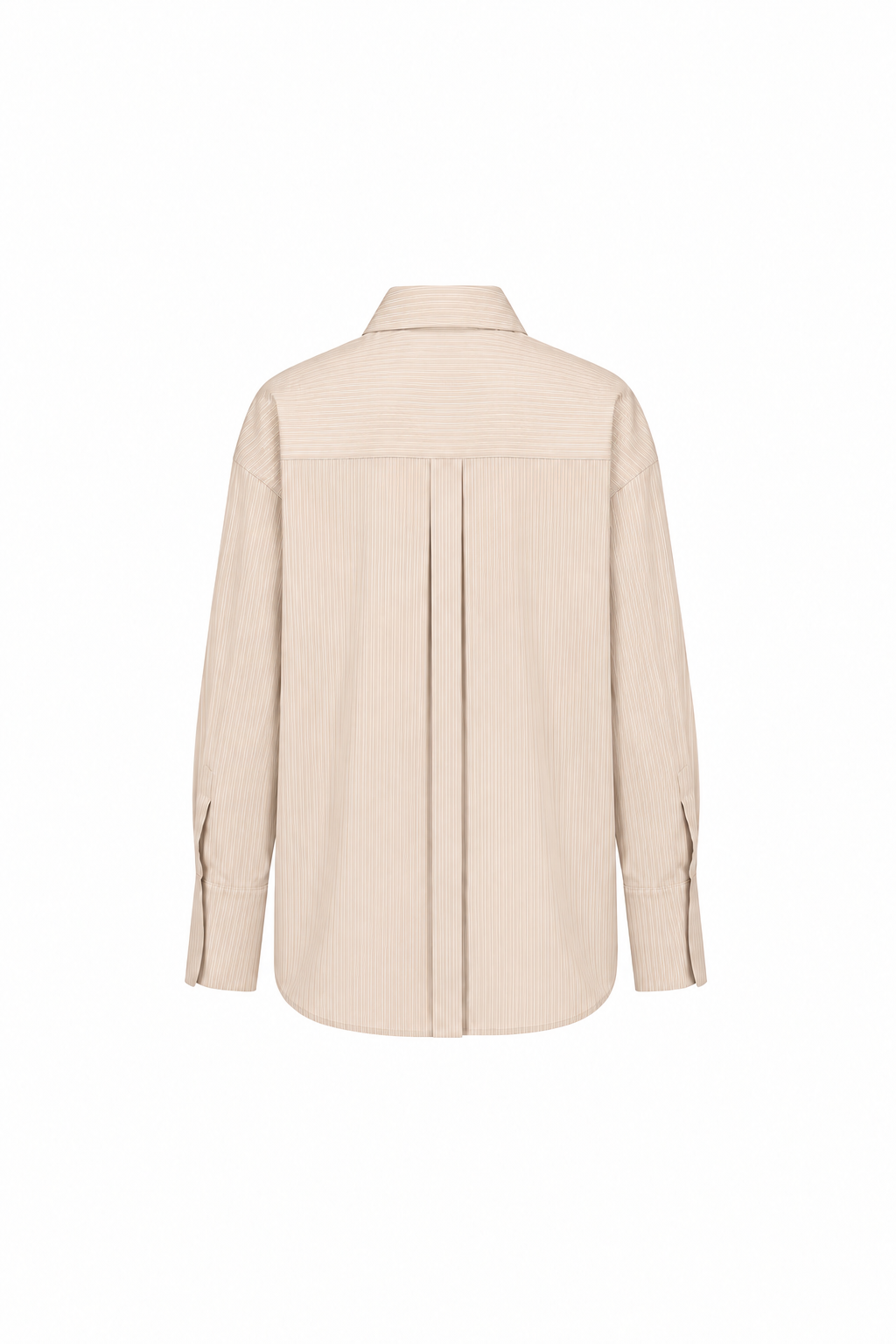 AUDĒRE. Alba oversized striped shirt in Dune beige, back view on a white background.