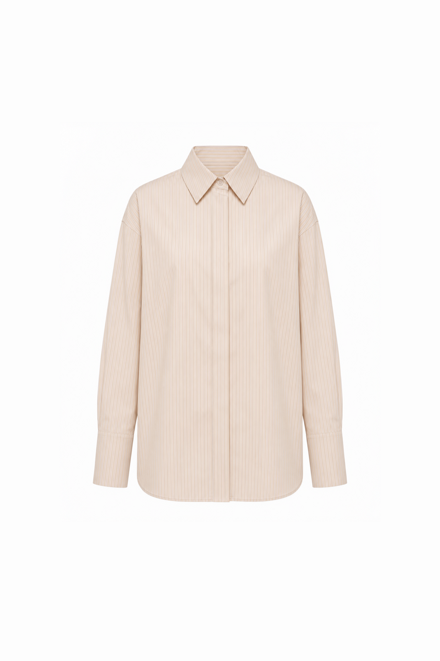 AUDĒRE. Alba oversized striped shirt in Dune beige, front view on a white background.