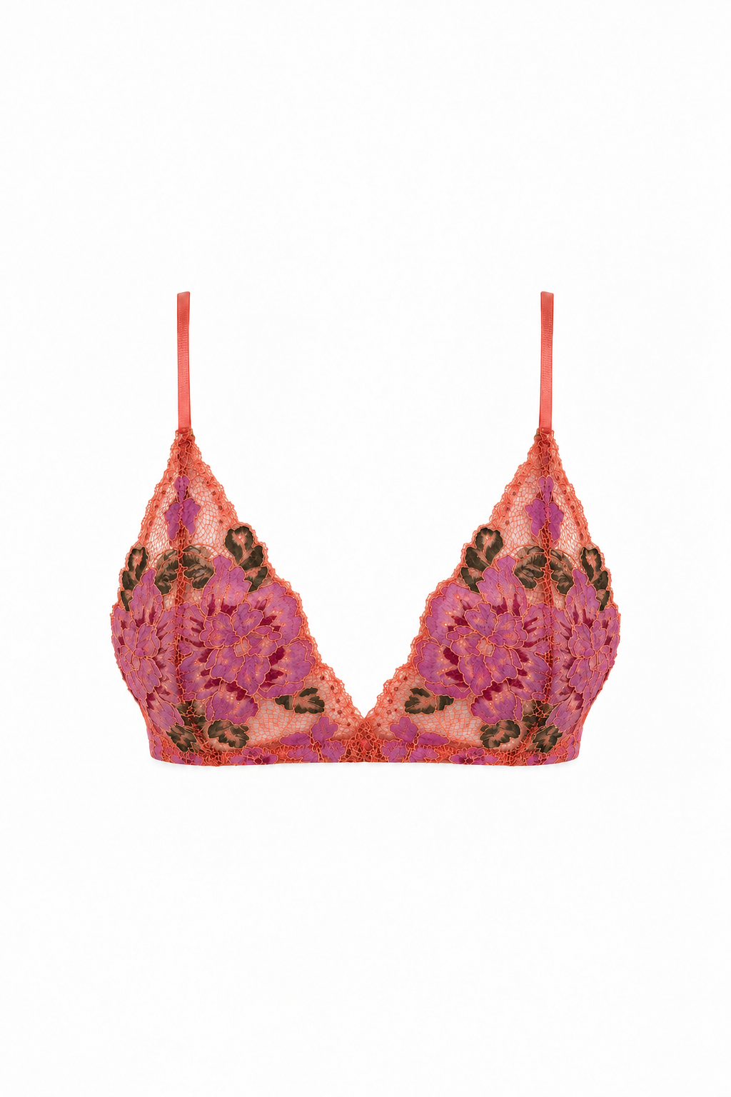 AUDĒRE. Aurelie floral lace bralette in Coral Orchid, front view on a white background.