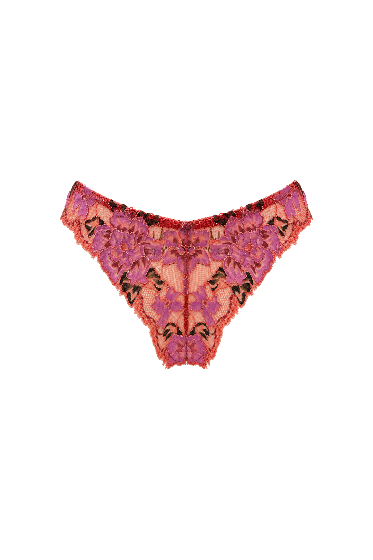 AUDĒRE. Aurelie floral lace brief in Coral Orchid, front view on a white background.