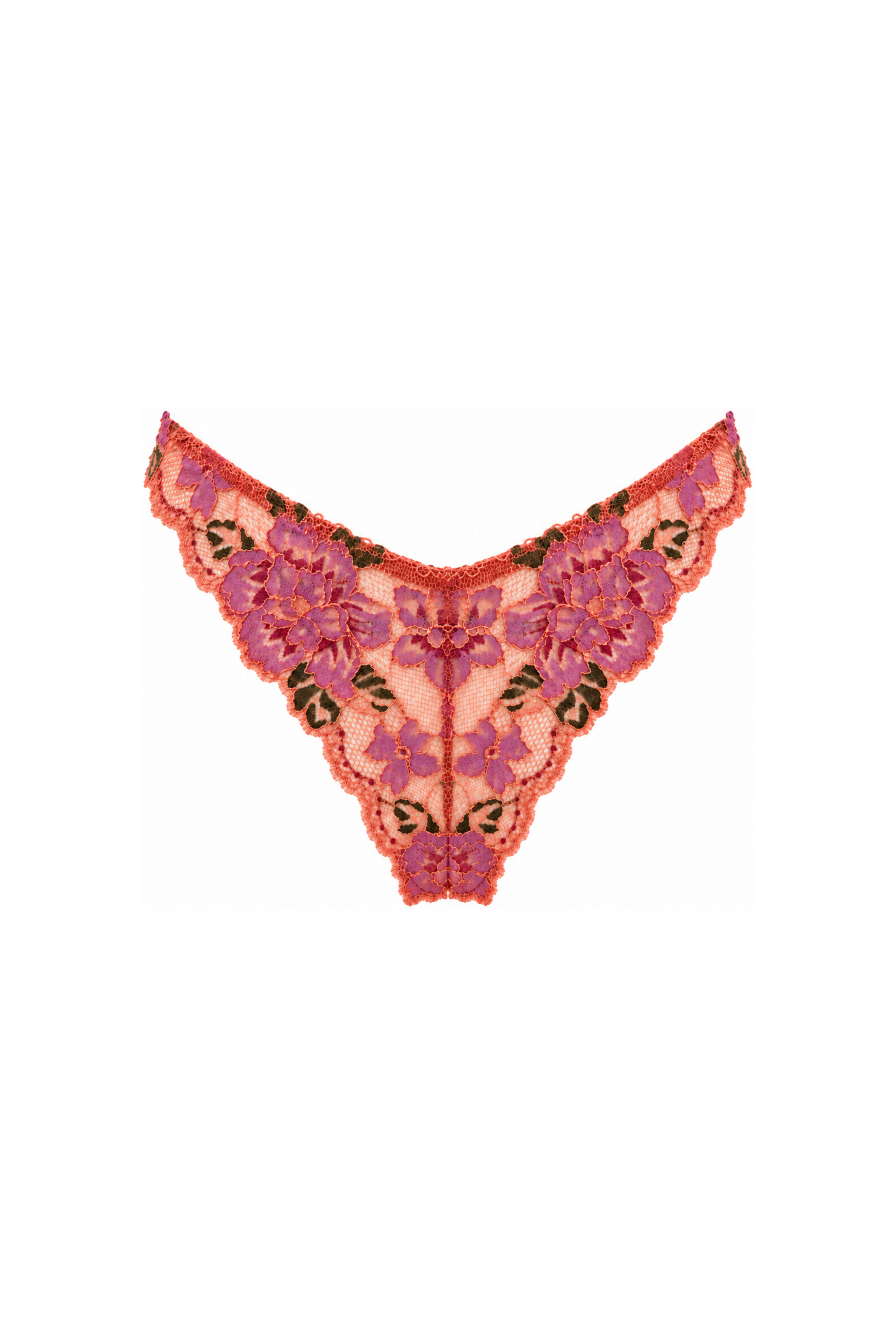 AUDĒRE. Aurelie lace string thong in Coral Orchid, front view on a white background.