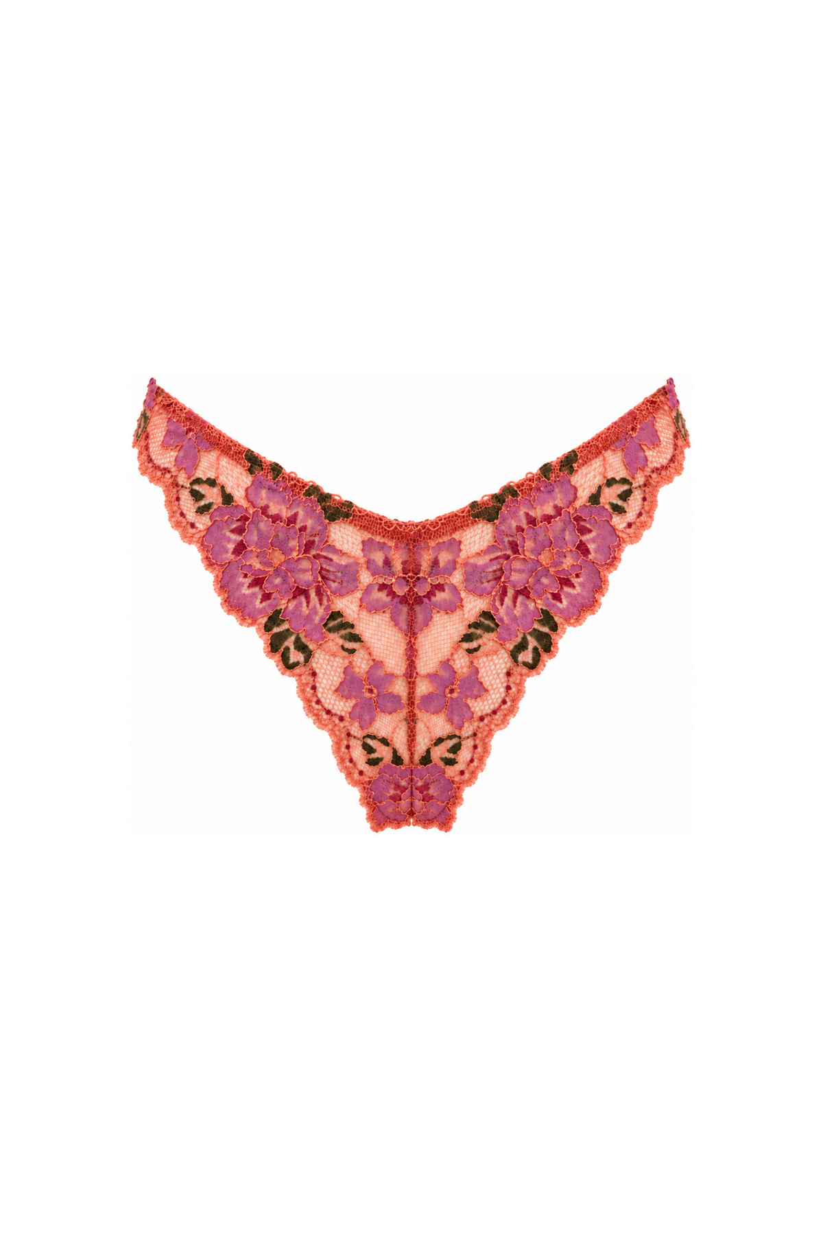AUDĒRE. Aurelie lace string thong in Coral Orchid, front view on a white background.