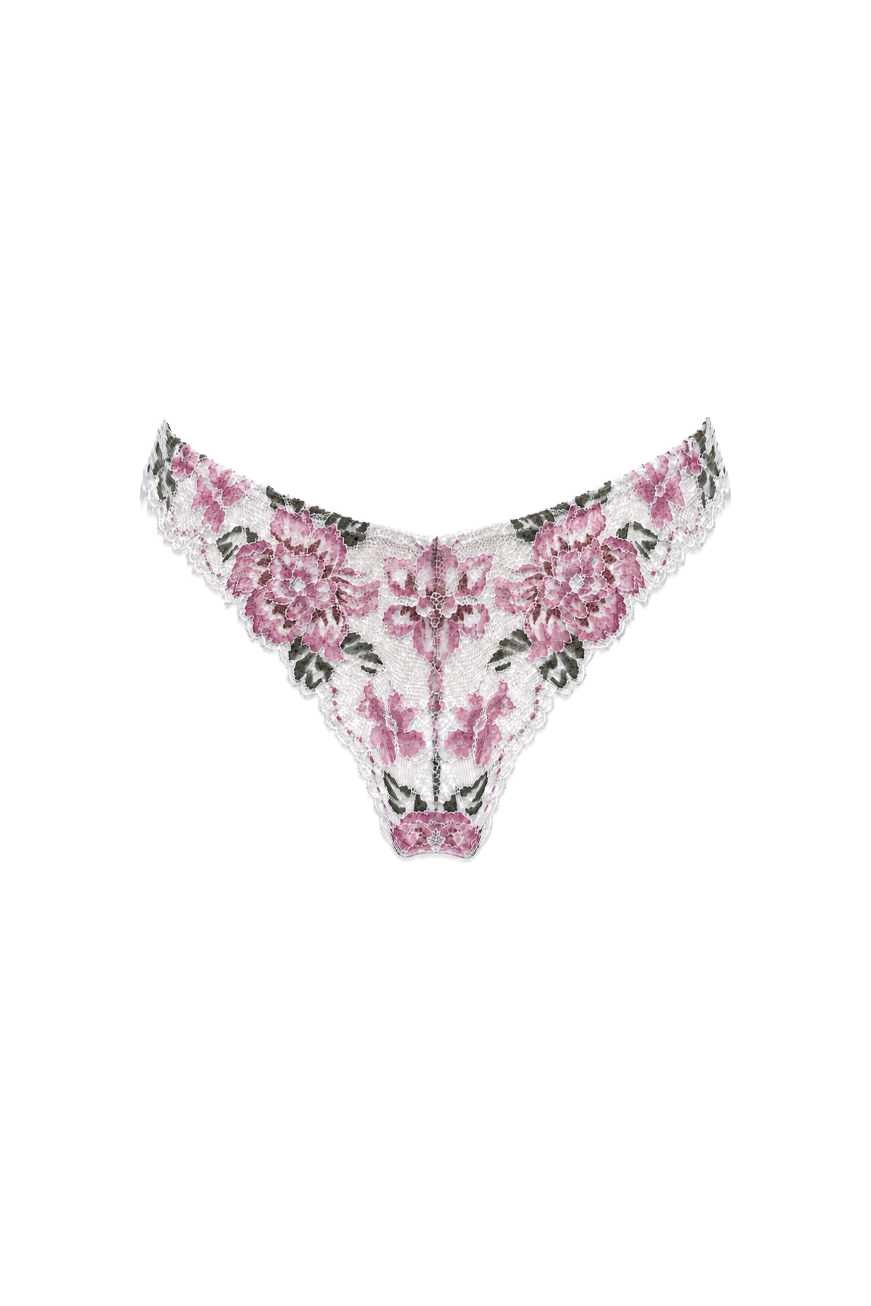 AUDĒRE. Aurelie lace string thong in Ivory Orchid, front view on a white background.