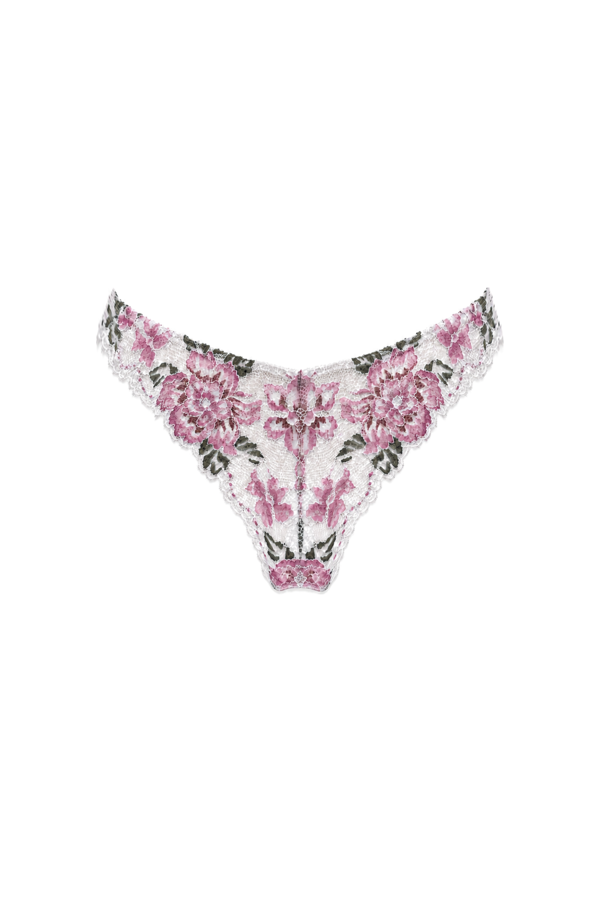 AUDĒRE. Aurelie lace string thong in Ivory Orchid, front view on a white background.