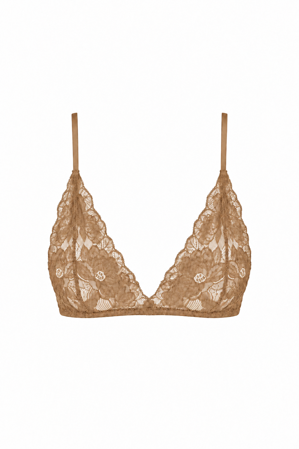 AUDĒRE. Noemi floral lace bralette in Caramel, front view on a white background.