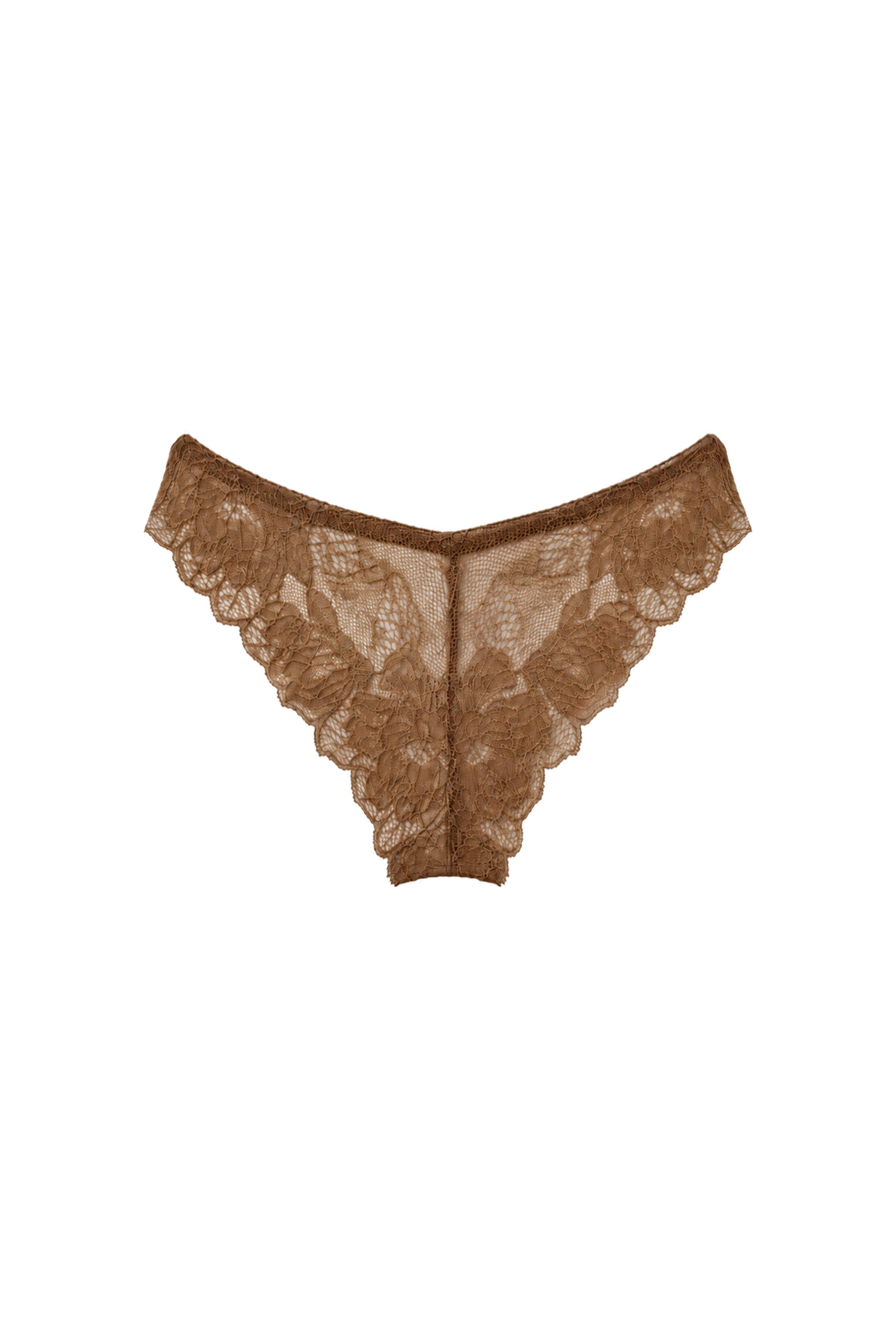 AUDĒRE. Noemi floral lace brief in Caramel, front view on a white background.