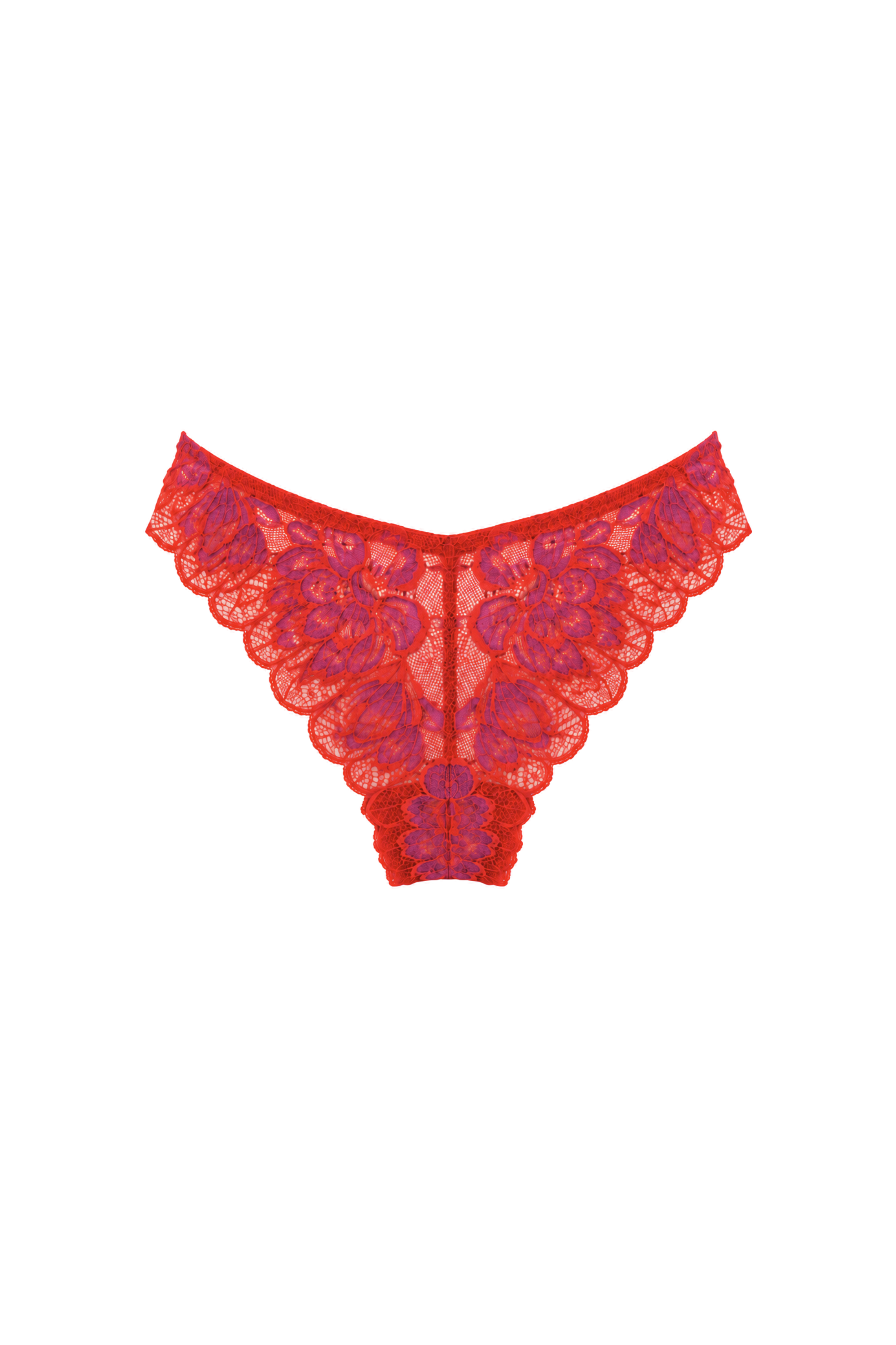 AUDĒRE. Noemi floral lace brief in Grenadine red, front view on a white background.