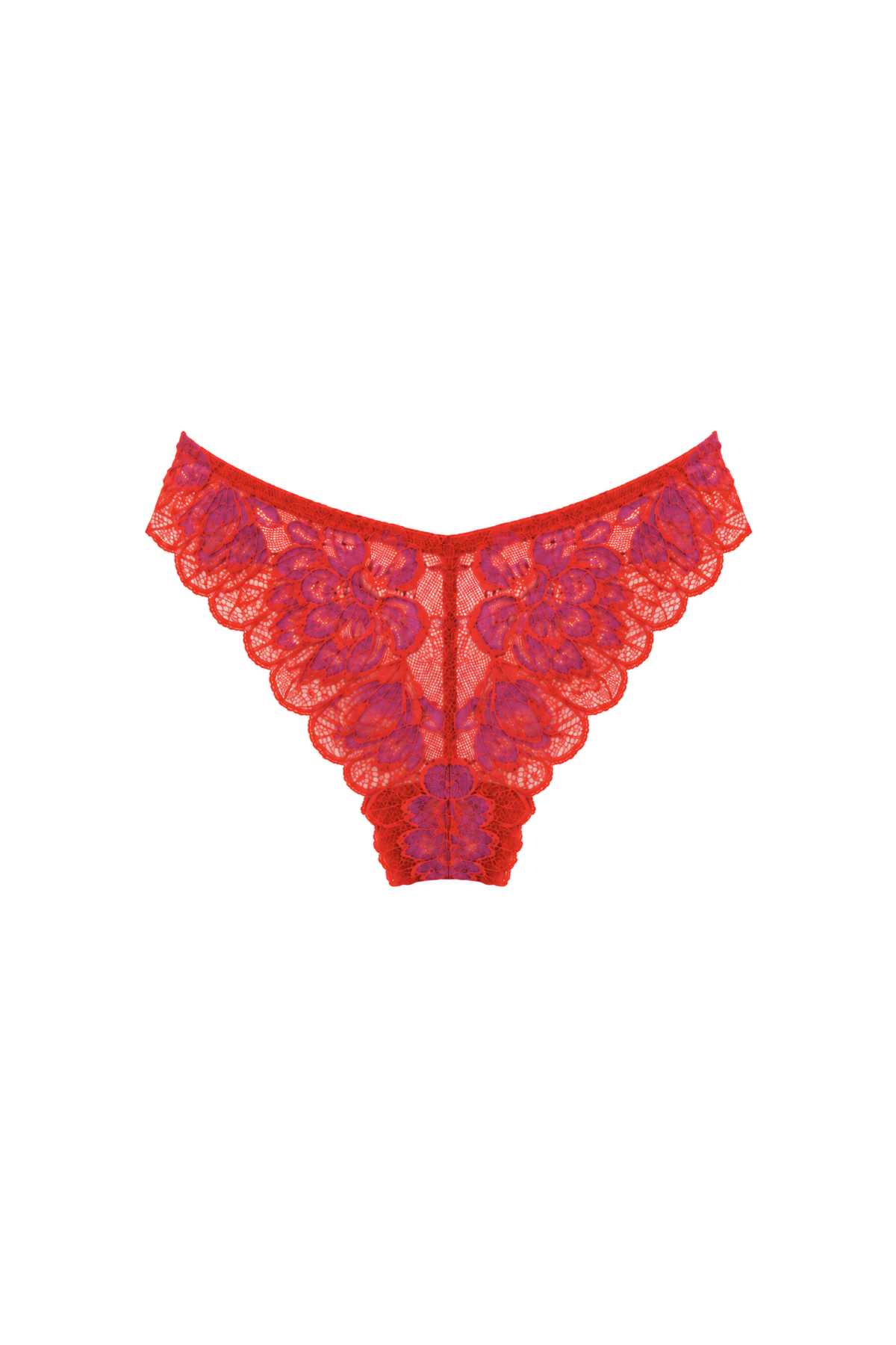 AUDĒRE. Noemi floral lace brief in Grenadine red, front view on a white background.