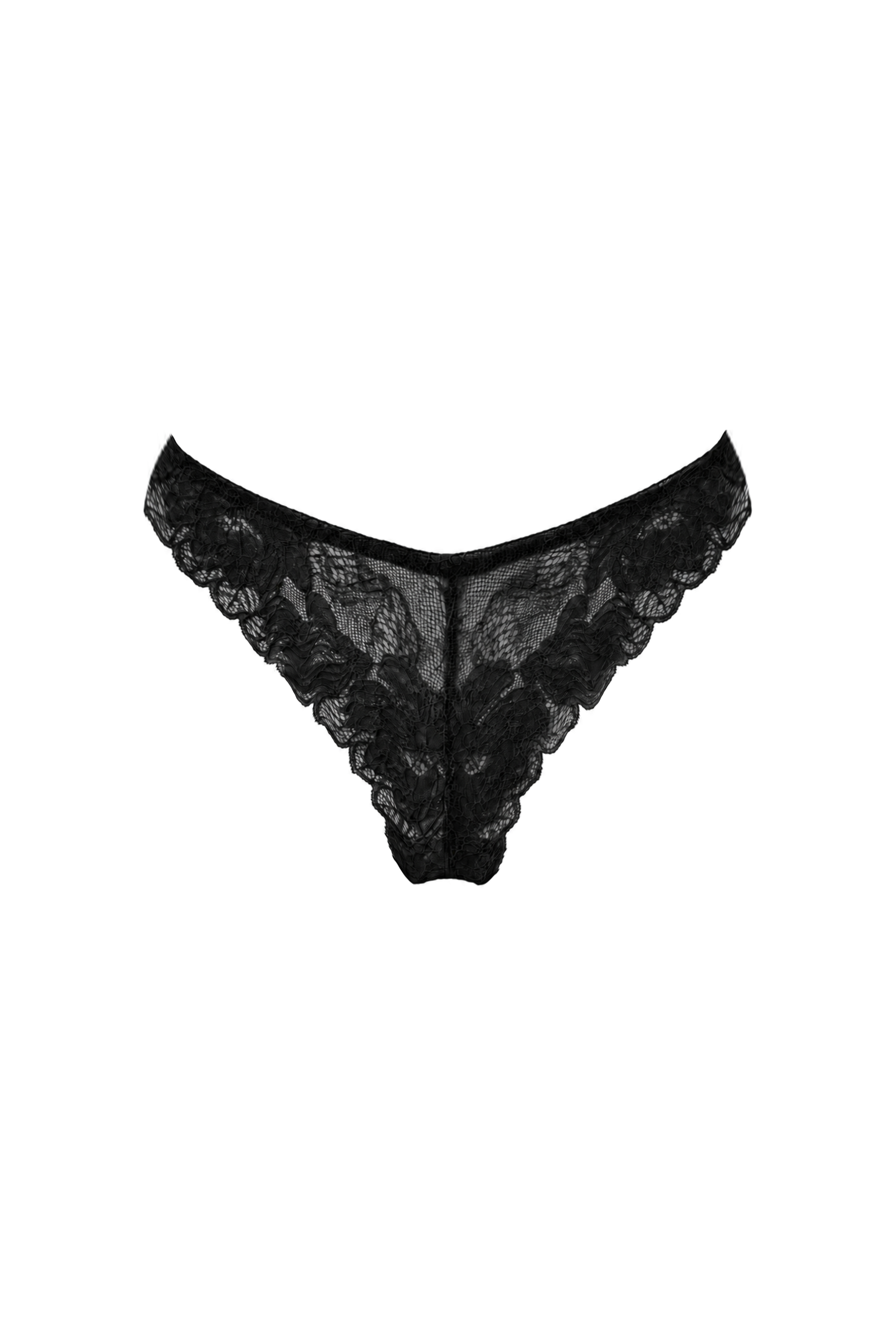 AUDĒRE. Noemi lace string thong in Black, front view on a white background.
