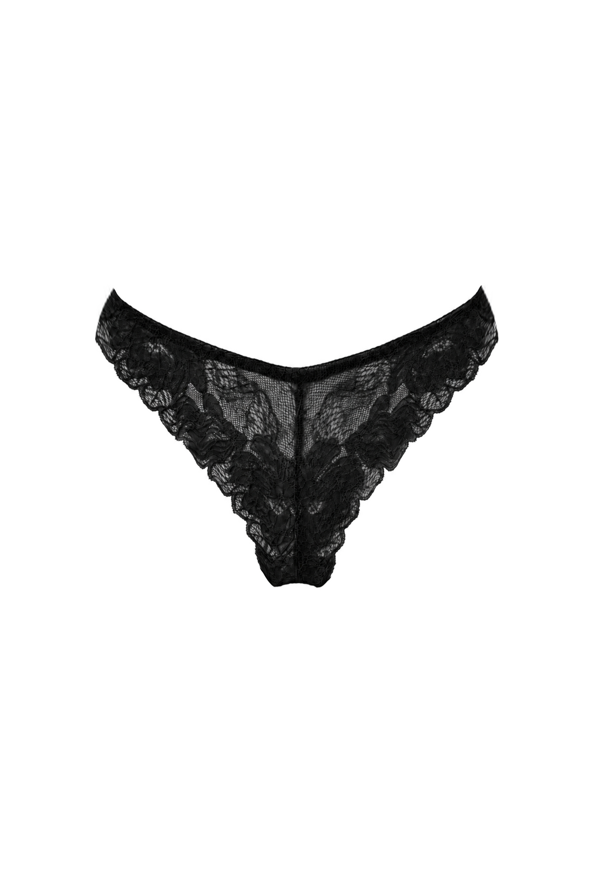 AUDĒRE. Noemi lace string thong in Black, front view on a white background.