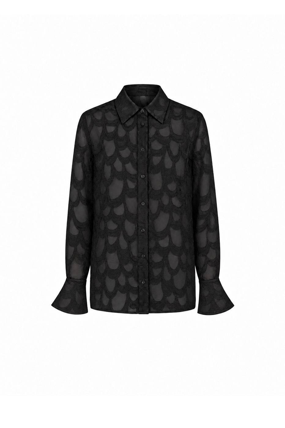 AUDĒRE. Rae semi-sheer shirt in Black, front view on a white background.