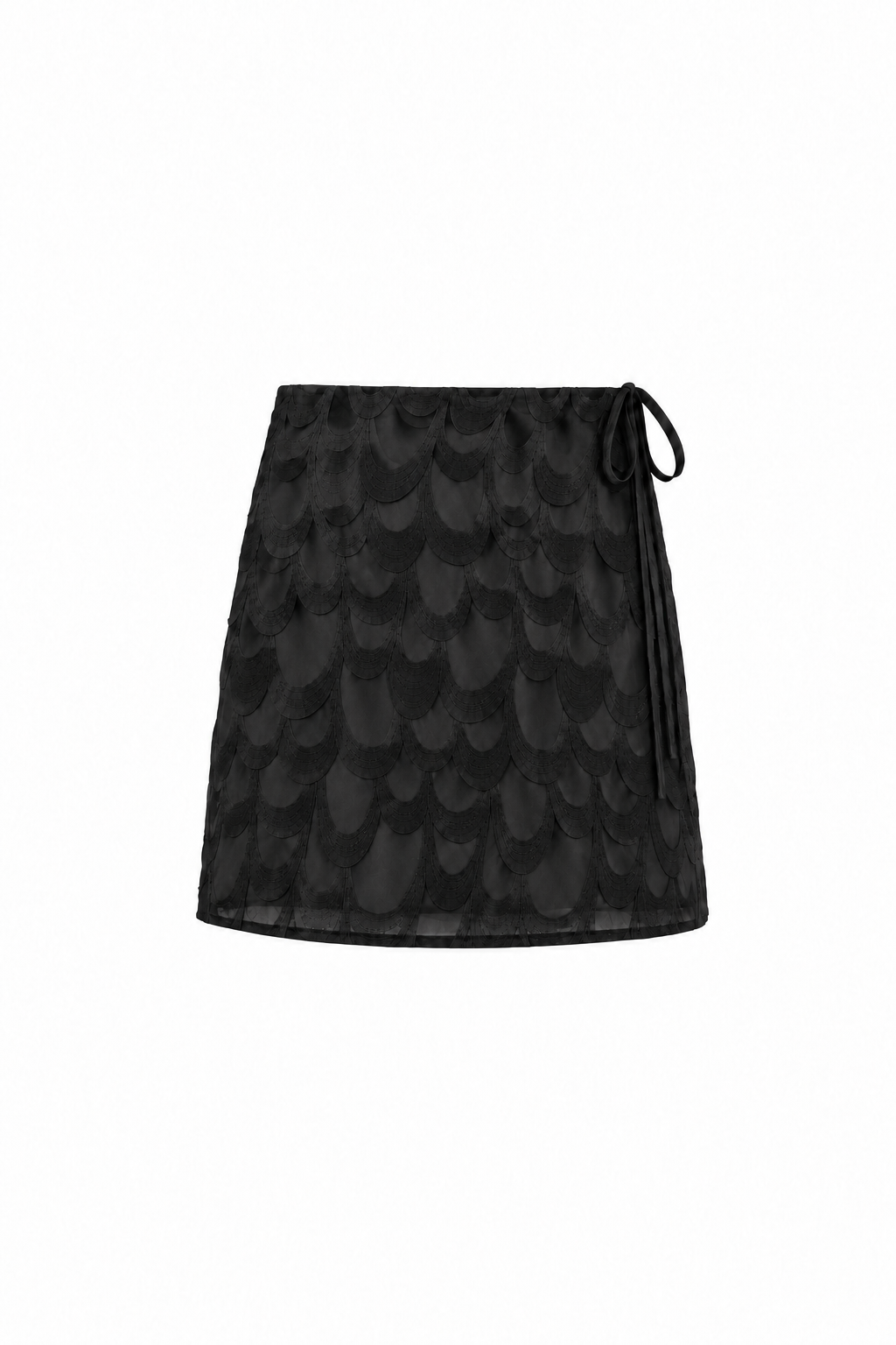AUDĒRE. Rae wrap mini skirt in Black, front view on a white background.