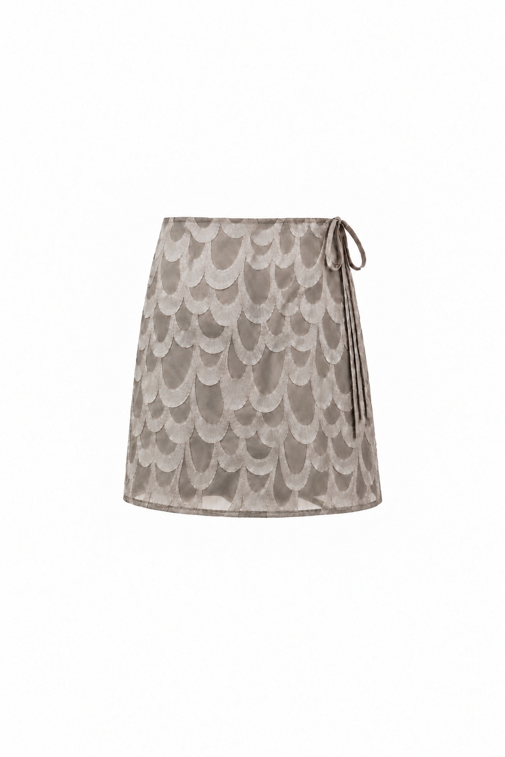 AUDĒRE. Rae wrap mini skirt in Dove, front view on a white background.
