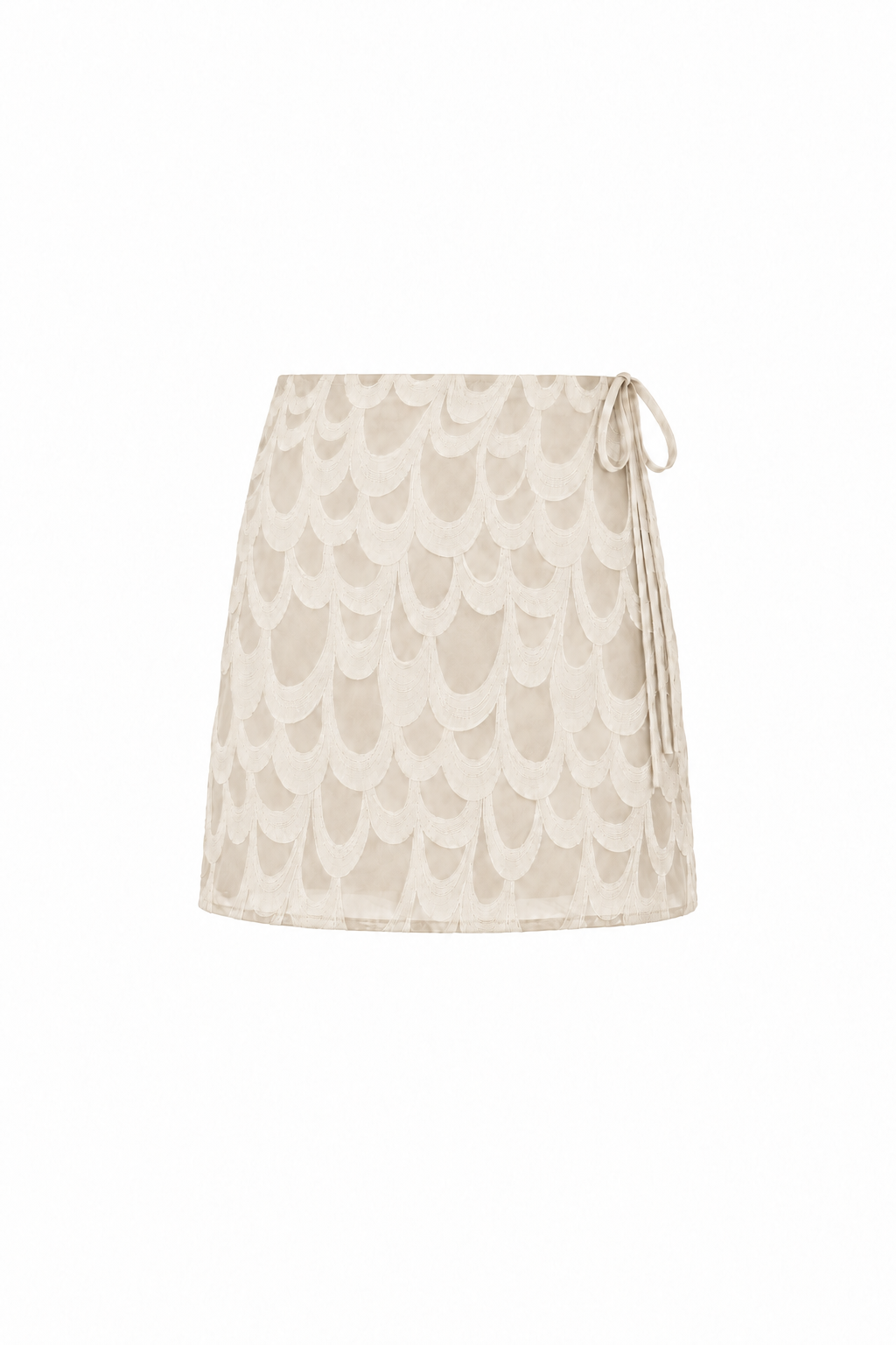 AUDĒRE. Rae wrap mini skirt in Ivory, front view on a white background.